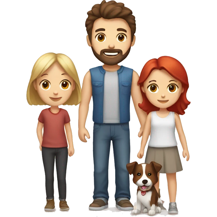 Family formed by a White man with short dark brown hair and beard and a White woman with long brown hair and a boy with blonde hair and a red and white border collie dog emoji