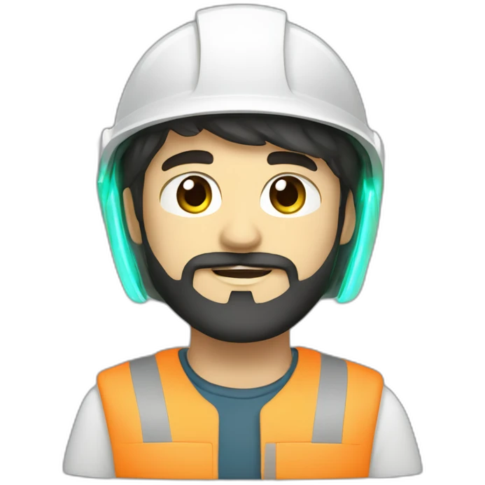 A young electrical engineer with a light black beard, a white helmet and a phosphorescent protection jacket emoji
