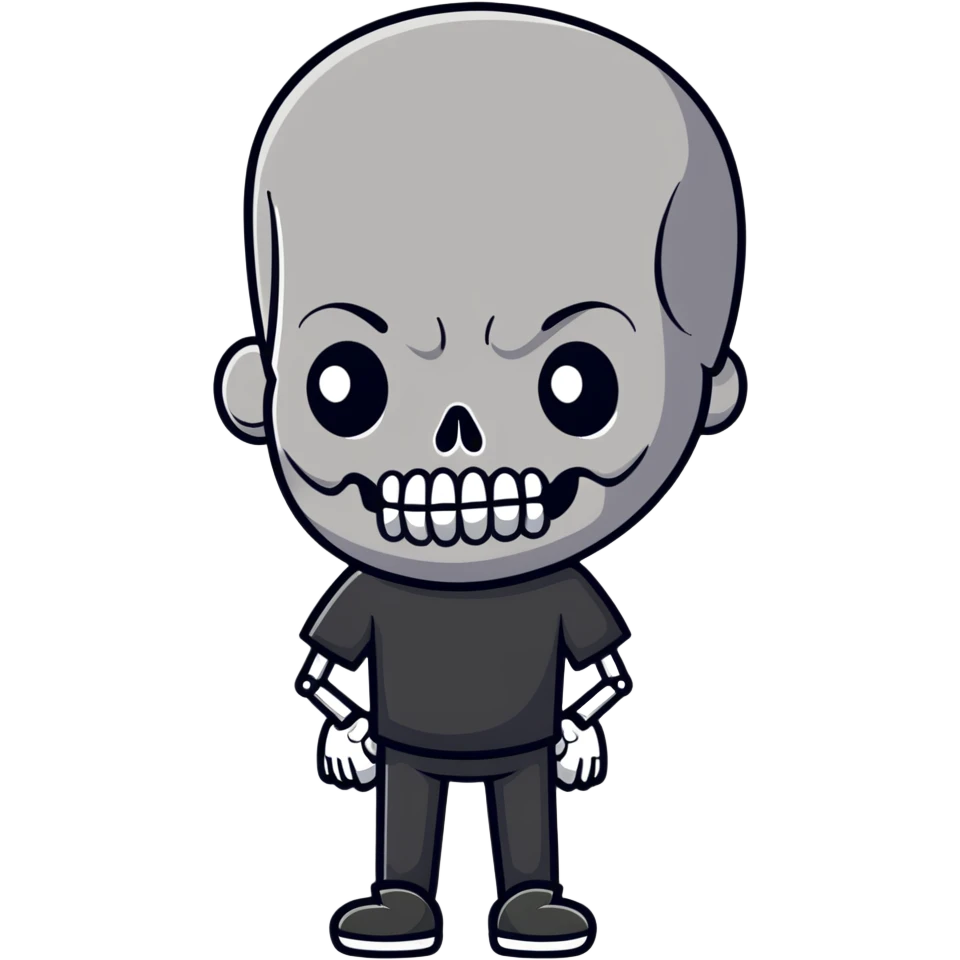 man with oval-shaped flat-top head wearing a black shirt with a gray skull on the front emoji