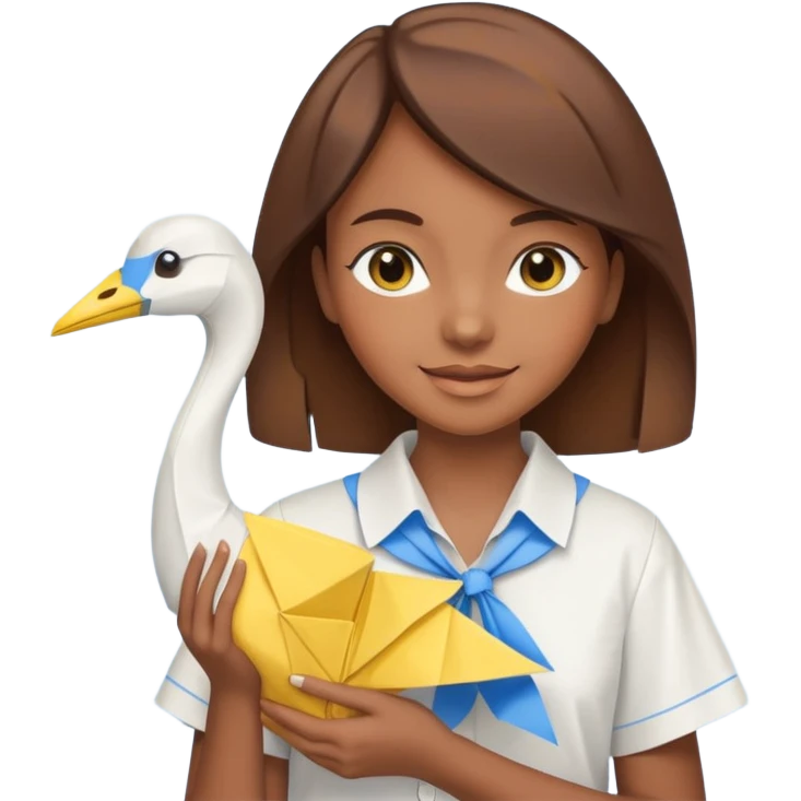 happy-african-young-girl-with-brown-hair-in-a-white-vintage-kanga-shirt-holds-an-origami-yellow-and-blue-crane emoji