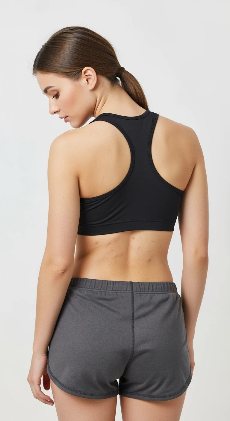 donna giovane DI SPALLE con cellulite buchi di cellulite e ritenzione in gym short leggermente piegata in avanti, con espressione dispiaciuta in volto isolata su sfondo bianco emoji