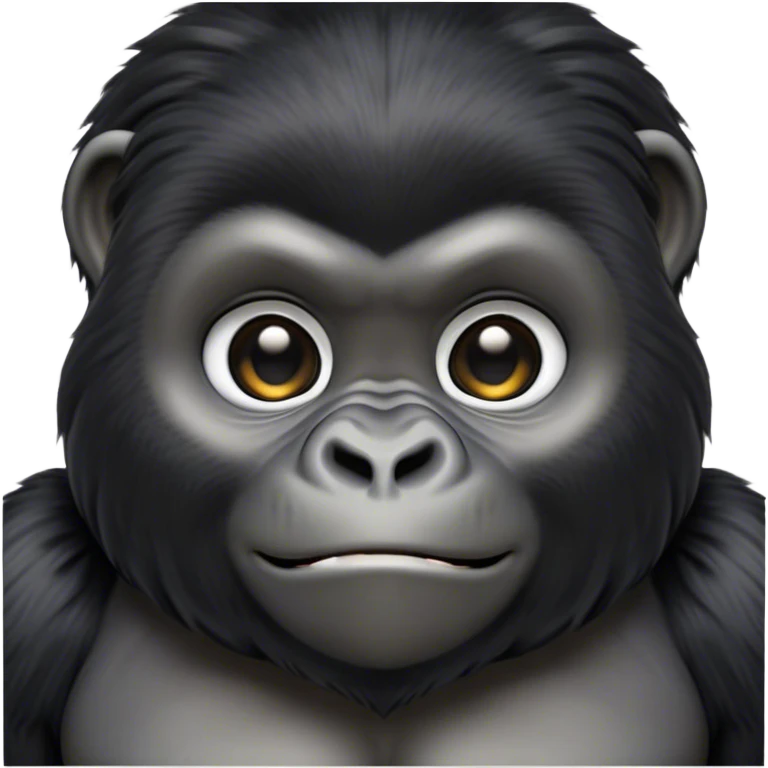 Cinematic Cute mountain Gorilla Portrait Emoji, Head tilted playfully and inquisitively, with a robust build accented by a striking black and grey mane and round, sparkling eyes full of gentle charm, Simplified yet irresistibly adorable features, highly detailed, glowing with a warm, friendly jungle glow, high shine, affectionate and lively, stylized with a touch of endearing primate whimsy, soft glowing outline, capturing the essence of a mischievous yet loving mountain that feels like it could lumber out of the screen into your arms! emoji