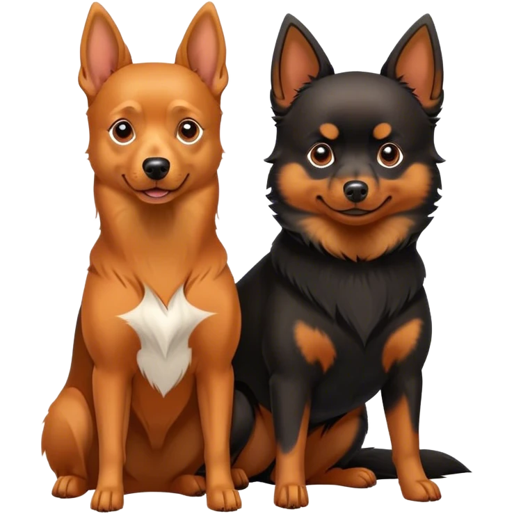Doberman Pinscher and Pomeranian Spitz standing side by side. The Doberman has a sleek black and tan coat with alert ears, while the Pomeranian has a fluffy orange coat and a joyful expression. Beautiful natural background, with a clear blue sky and green grass. Transparent background. emoji