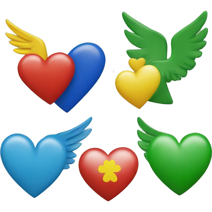 In a row: Yellow heart, green heart, Irish flag, blue heart, wings around red heart emoji