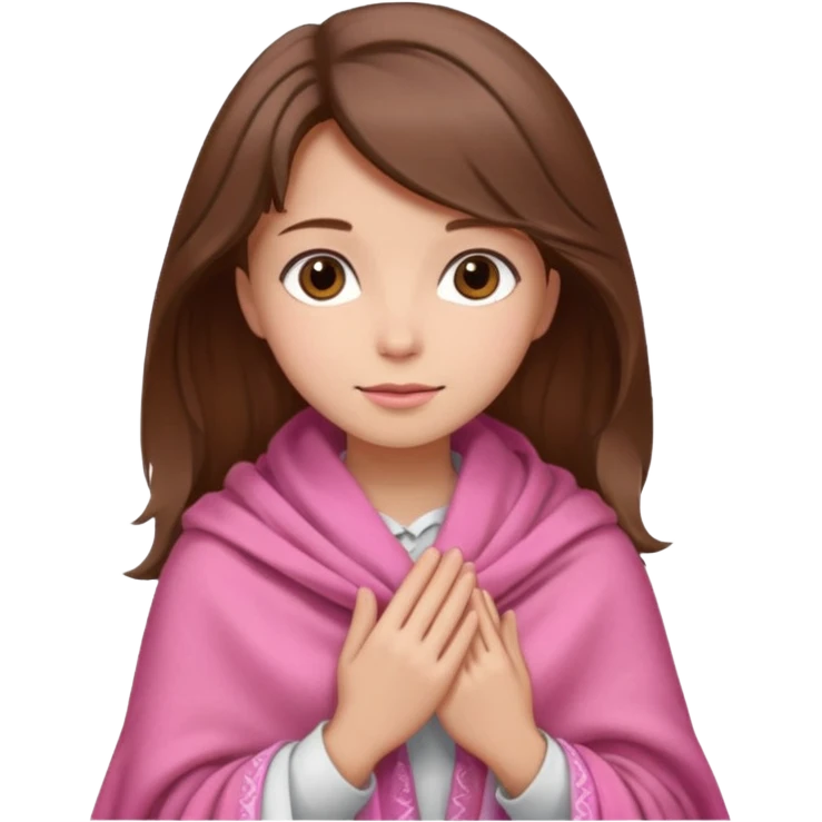 A girl with brown hair, wearing a pink shawl, has beautiful features and her hand rests on the shawl. emoji