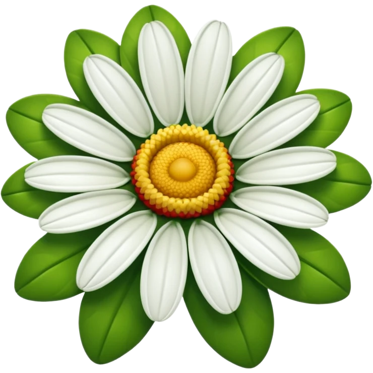A fifteen-petalled daisy with green, red and white petals and a yellow centre.
Only the face of the daisy should be visible. emoji