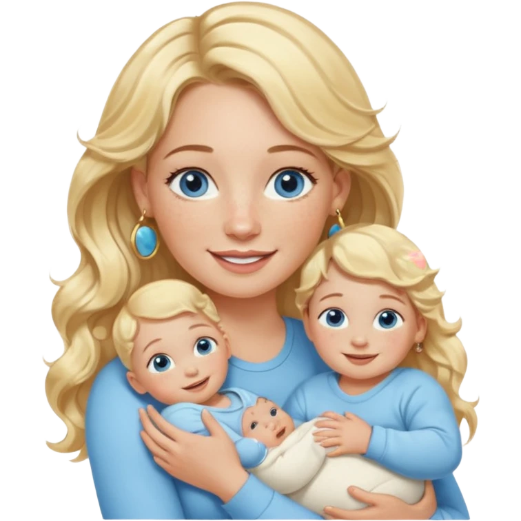 Wavy blonde, white woman with blue eyes, freckles hoop earrings, holding babies smiling and really cute in gold hoops she needs to be holding three newborns, and she needs to be more cute than pretty emoji