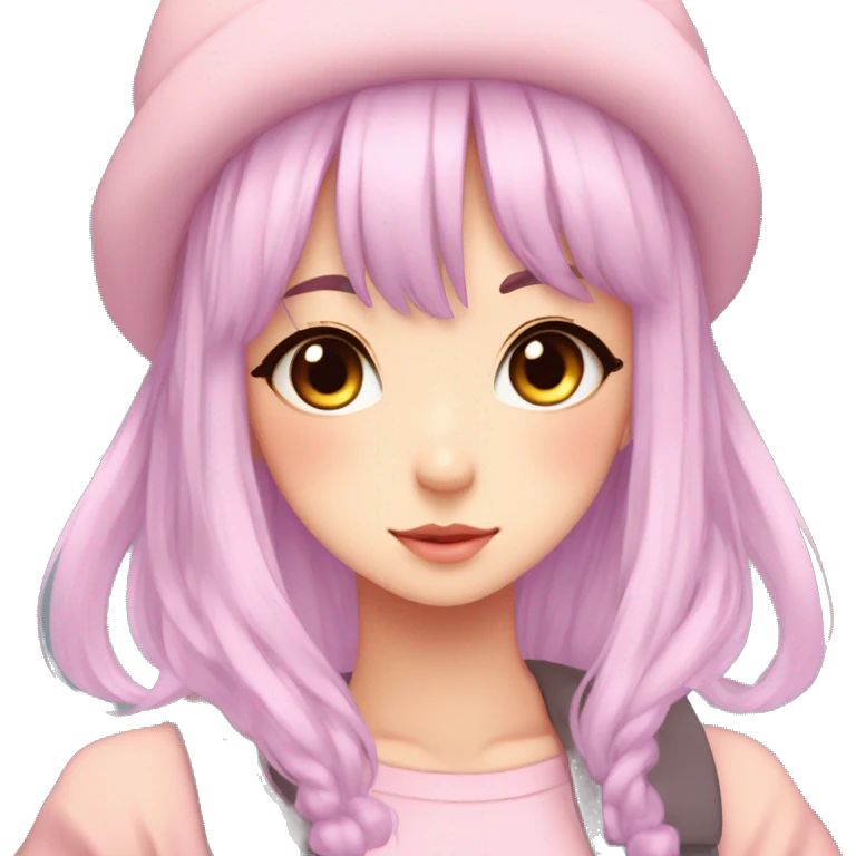 Gorgeous pastel anime girl with blushing face and hair garnitures and pretty hair and a beanie aesthetic trending style emoji