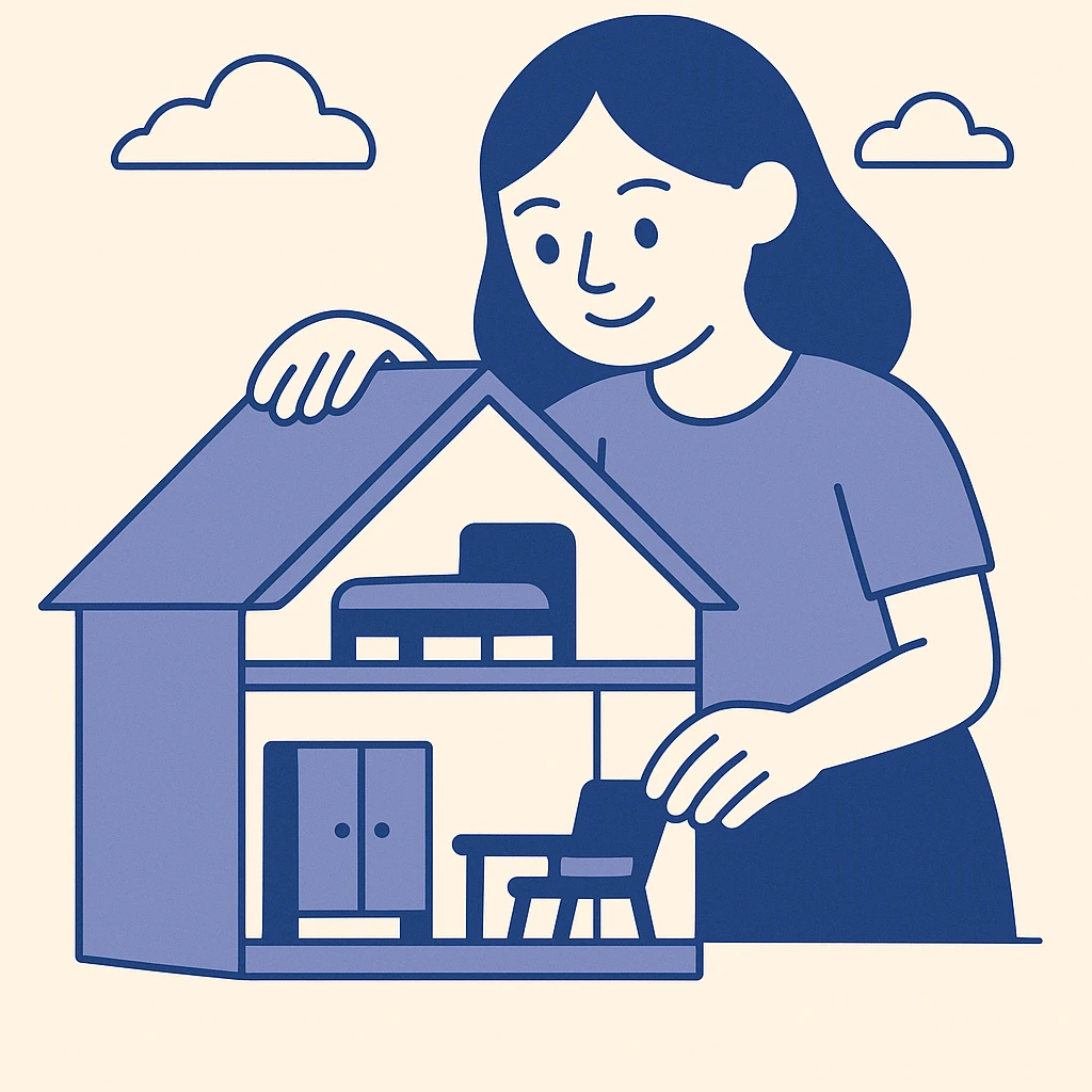 smiling girl arranging furniture in doll house emoji