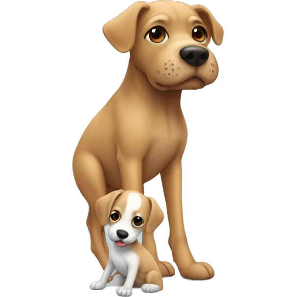 Human leg. In front of the human leg there is a cute little dog sitting  emoji