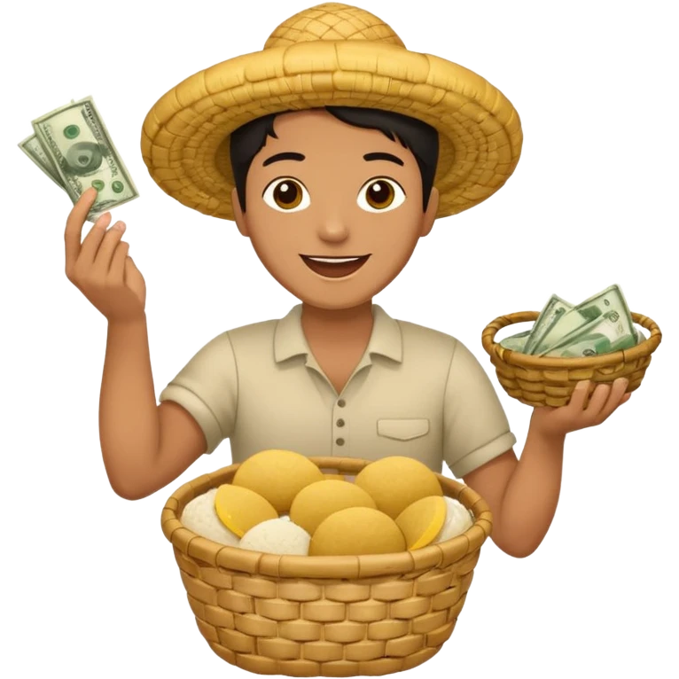 basket overflowing with money, and a very happy person ridiculously throwing money around with one hand and eating a colombian arepa with the other emoji