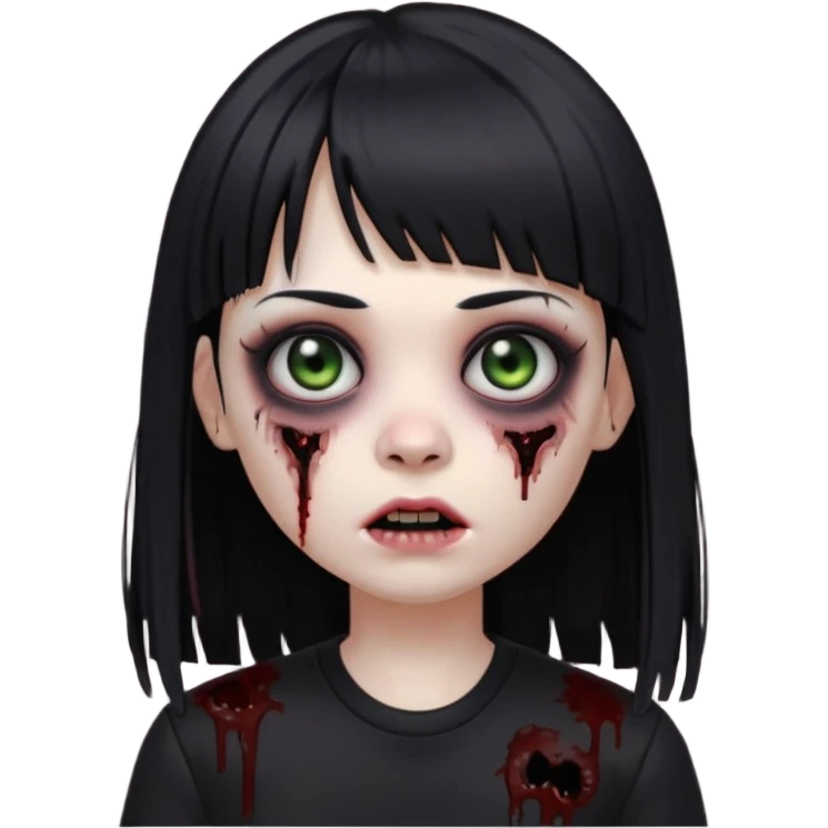 uma garota gotica zumbi no formato Memoji da apple com o cabelo cumprido, preto liso e com franja, blusa preta, olhos pretos  emoji