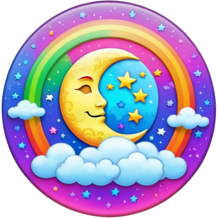 Beveled button with Neon rainbow colored damask style full moon with stars and clouds in the center emoji