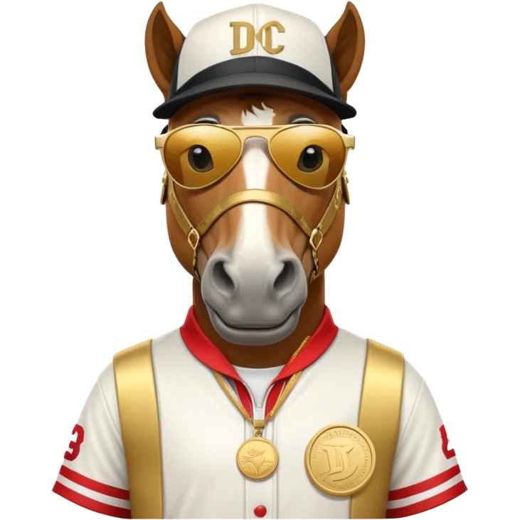 friendly anthropomorphised horse in RUN DMC style outfit, gold medal, baseball hat, sunglasses emoji