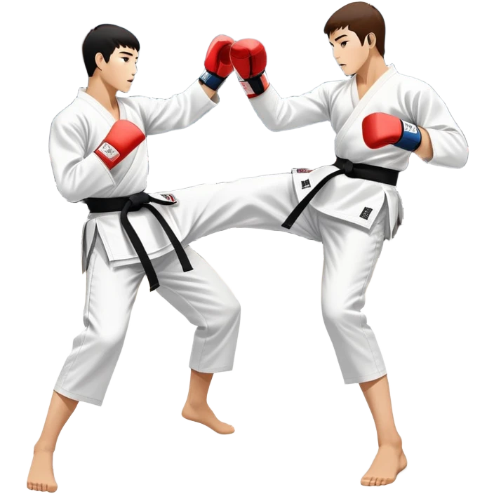 Two taekwondo fighters in traditional white doboks with black belts compete in a dynamic match. One delivers a high kick, while the other blocks using their knee. The background features a professional arena with bright lights and spectators. Transparent background. emoji