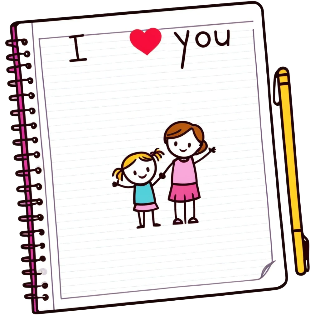 A piece of notebook paper with two girl stick figures drawn on it and a message that reads I love you emoji