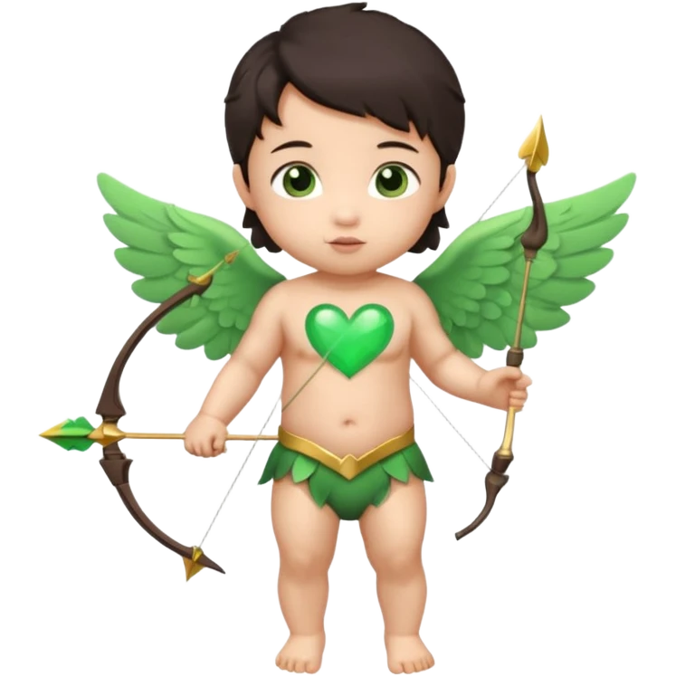 cupid asian baby flying full body with wings with brown eyes and dark hair handled bow and arrow directed to green heart and looking to heart emoji