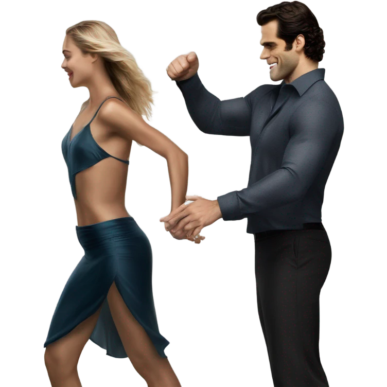 realistic photo of Henry Cavill close dancing with a beautiful female model  emoji