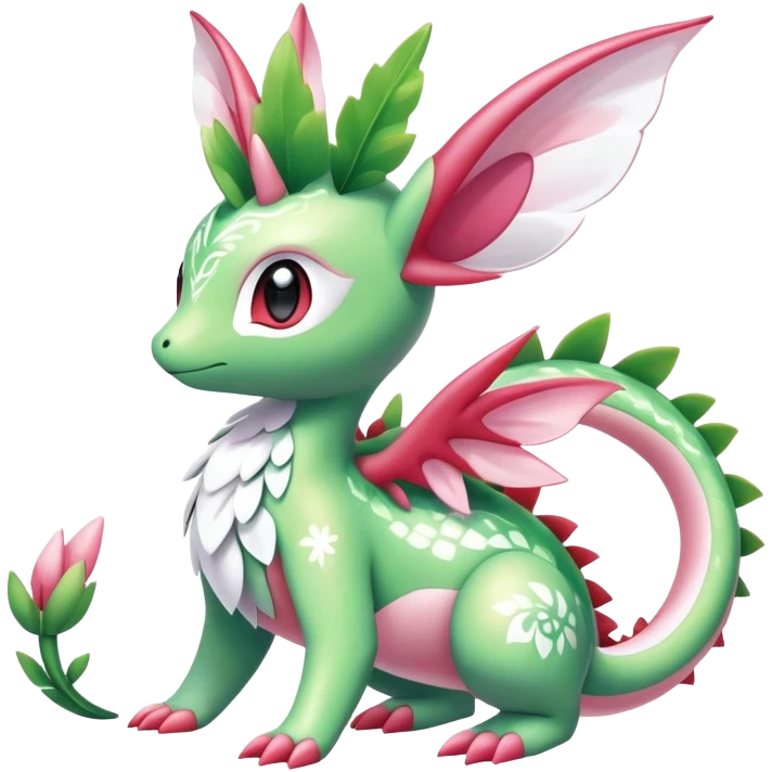 Shiny Exotic Cute Majestic Ethereal Sparkly Flygon-Sylveon-Shaymin-Meganium-Hybrid-Creature with white pattern-markings emoji