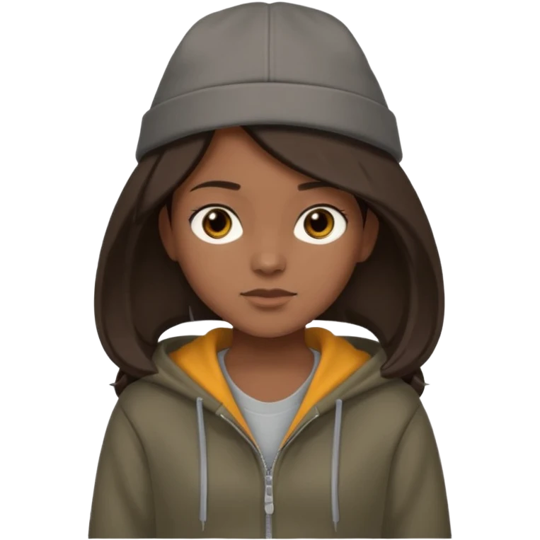 Hobo tomboy with shoulder-length center-parted dark brown hair. brown eyes, dark dull brown hoodie, grey shirt. Flat crown bolero hat emoji