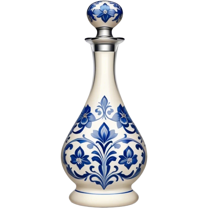 A sleek, tall, and elegant white bottle with intricate blue floral patterns, a curvy hourglass shape, and a reflective silver cap, reminiscent of fine ceramic craftsmanship and luxury tequila emoji
