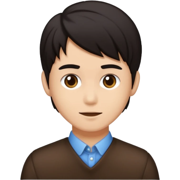 Emoji iPhone seorang pria dengan rambut hitam, dengan poni, mengenakan atasan jas berwarna coklat kehijauan , mata gelap  emoji