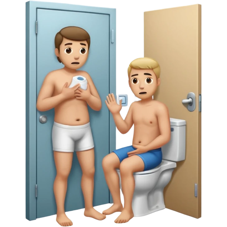 Man using the toilet while the other man is banging on the door begging holding it emoji