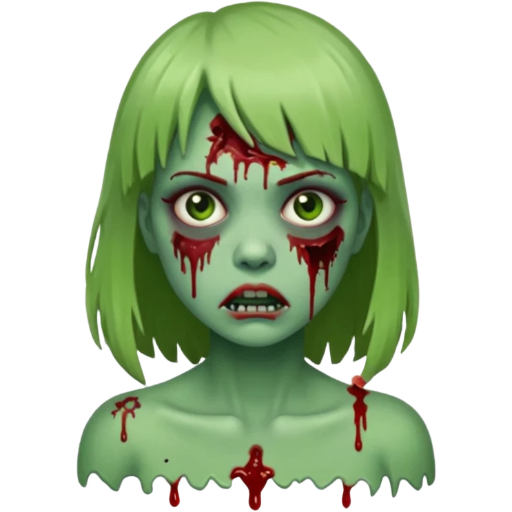 Mulher cabelo de franjinha pele verde zumbi sangrando bonito com zundo escuro emoji