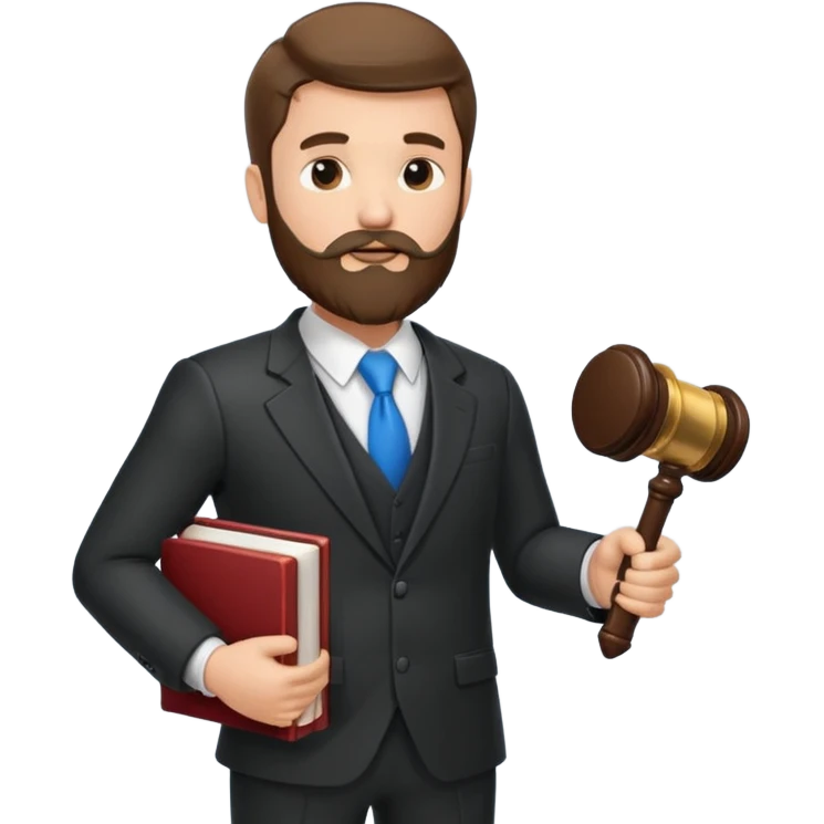 Create a male lawyer. he is wearing a fromal suit jckeret. He is holding a gavel in one hand and a book tucked under his another arm. He has beard  emoji