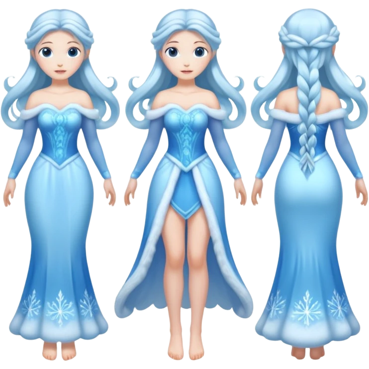 An ice Snow Maiden character with two arms and two legs, full body, front view, back view, side view, three-quarter view, consistent character design, translucent ice material, winter fairy tale style. emoji