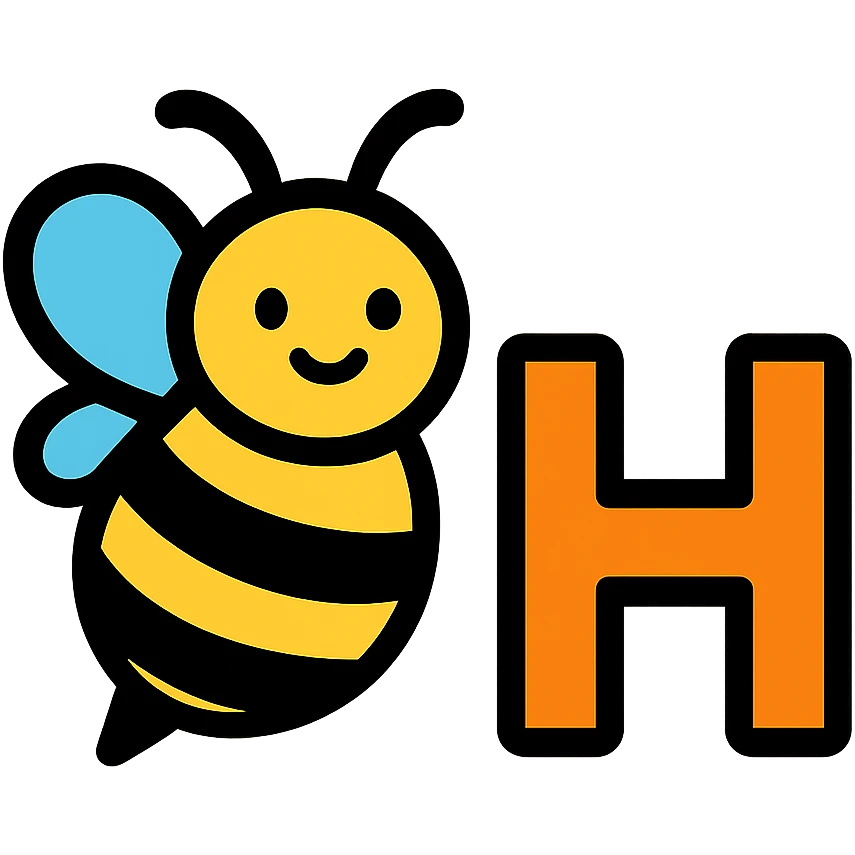 cartoonish honey bee with the letter H, colorful bee, vibrant yellow and black stripes, playful style emoji