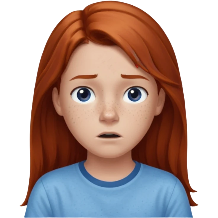 shrugging confused emoji tween long auburn hair light blue shirt with a darker blue L emoji