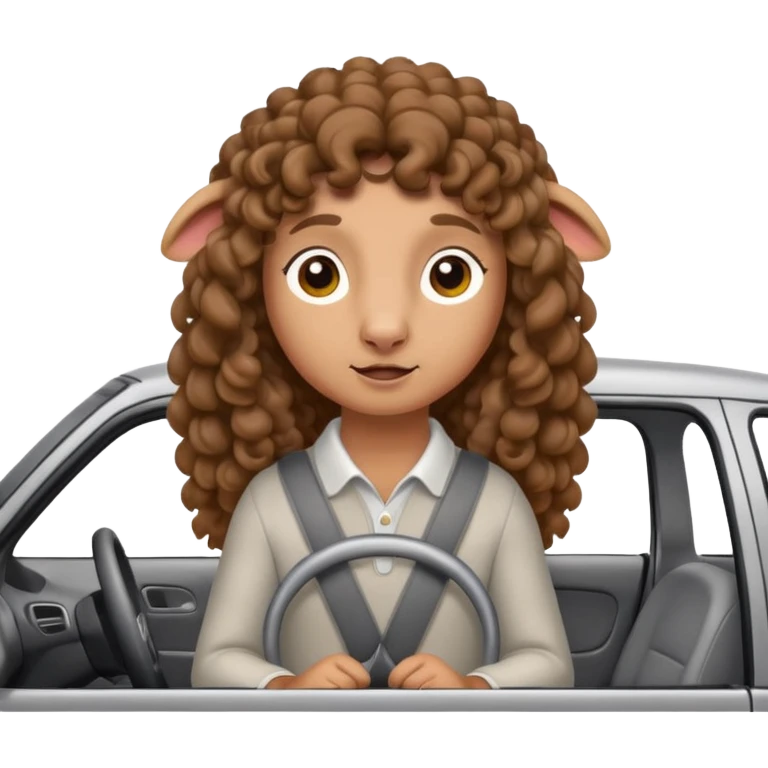 a sheep with long brown curly hair and brown eyes on a grey car emoji