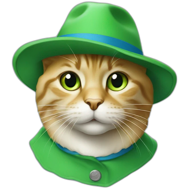 Un chat vert qui porte un chapeau bleu emoji