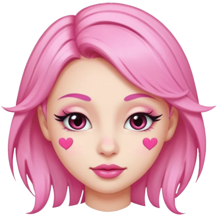 “Emoji girl, pastel pink streaks in hair, bold winged eyeliner, heavy blush on cheeks and nose bridge, under-eye hearts, glossy pink lips, playful smirk.” emoji