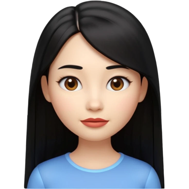 A cute 3D female emoji avatar, smooth skin, long straight black hair, glossy lips, soft lighting, minimal background, beauty branding style, high quality, Pixar style, front view, symmetrical face, clean and elegant emoji