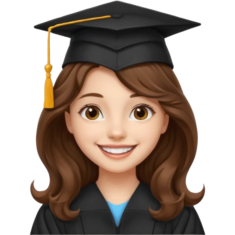 Graduated Students, Cheerful girl, long brown wavy hair, wearing graduation cap emoji