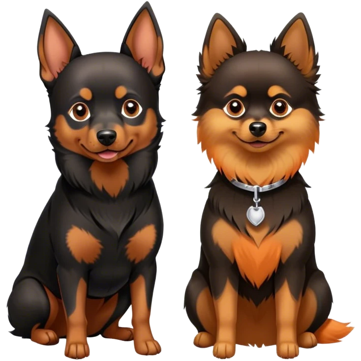 Doberman Pinscher and Pomeranian Spitz standing side by side. The Doberman has a sleek black and tan coat with alert ears, while the Pomeranian has a fluffy orange coat and a joyful expression. Beautiful natural background, with a clear blue sky and green grass. Transparent background. emoji