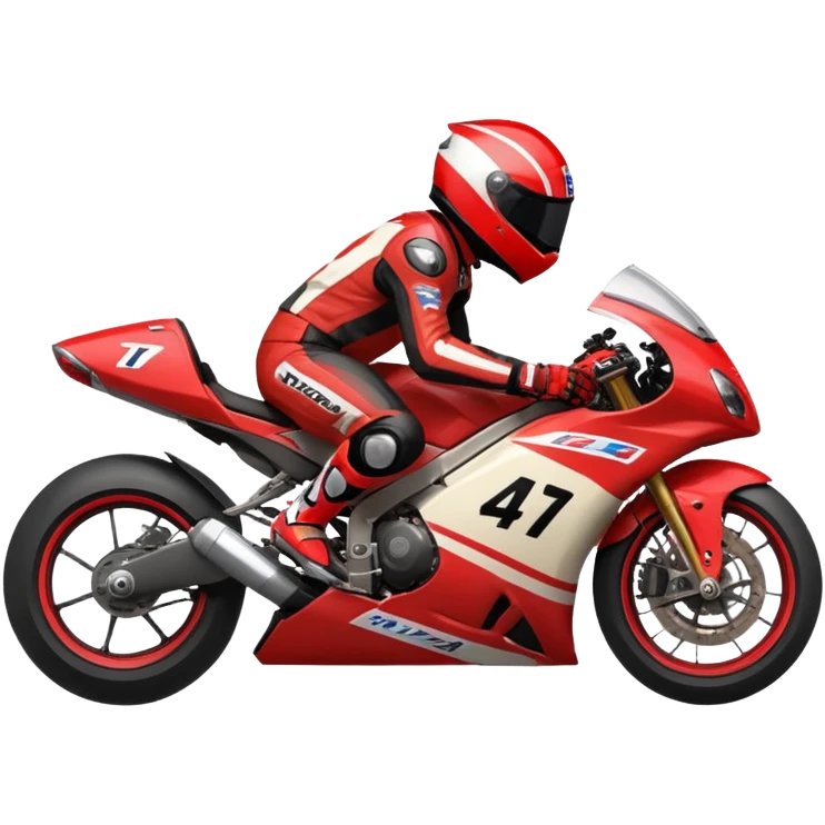 An anime style MotoAmerica racer racing his black with red accents motorcycle. His knee is dragging on the ground as the bike leans over and he has a slightly cartoonish larger red and black helmet.  emoji
