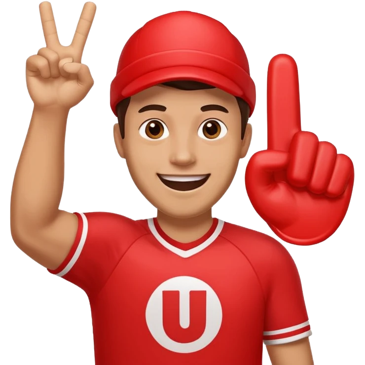 A cheerful man in a team jersey, waving a giant red foam finger high with an excited grin. emoji