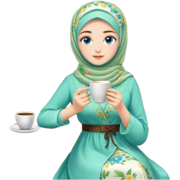 Turkish beautiful finish Konya girls blue eyes with Beautiful light green floral hijab long tail dress and the two friends in a lovely garden sits on the chair on the ground and holds cup coffe with her hand  emoji