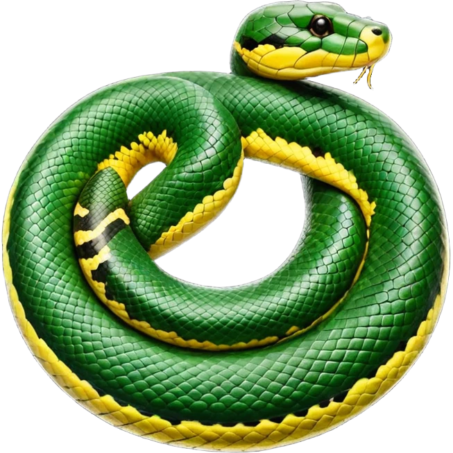 A photo-realistic top-down view of a Green Anaconda tightly coiled in a spiral, with its broad, flat head resting at the center. Its thick, muscular body is olive-green and covered in symmetrical, bold black oval spots that stand out against its smooth scales, creating striking natural camouflage. emoji