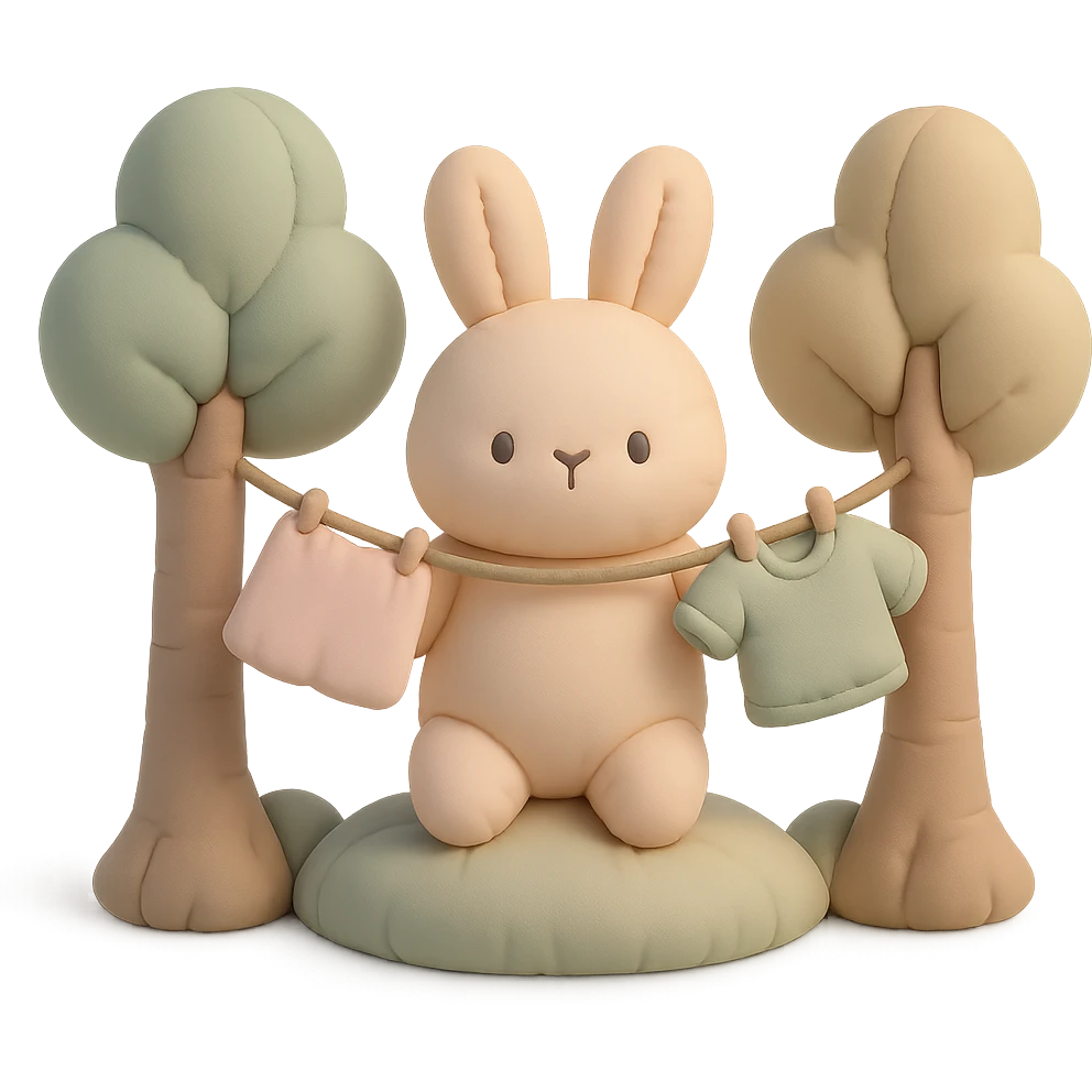 a bunny hanging laundry between trees, calming domestic forest feel, soft pastel colors, cushion style emoji