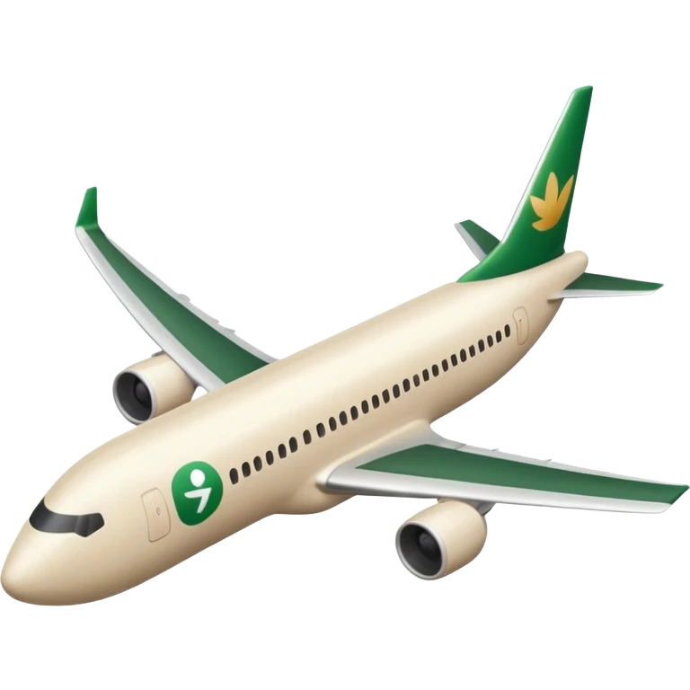 long light beige passenger airplane with dark green logo on fuselage, emoji style emoji
