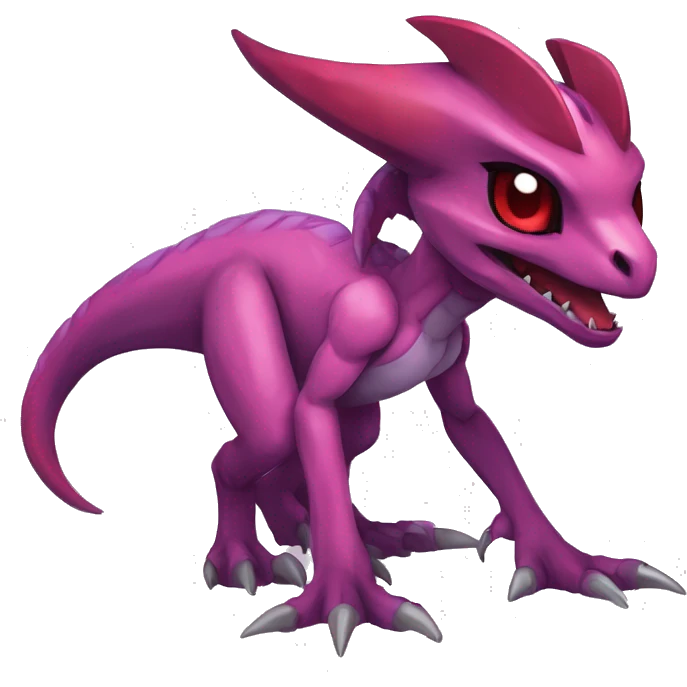 Chibi-Anthro Mauve-maroon-red-colored edgy anthro-genesect-velociraptor-scalie-sona-Fakémon-hybrid with a purple-pink mane on head and back and horns full body emoji