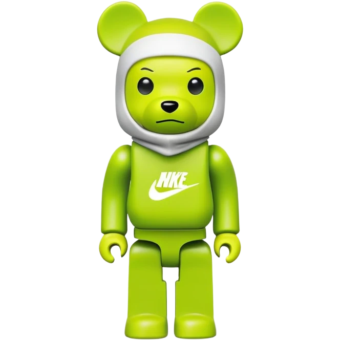 classic bearbrick toy with squared head, wearing a bright lime balaclava with Nike swoosh logo on it, pronounced eyebrows, blocky bear design emoji
