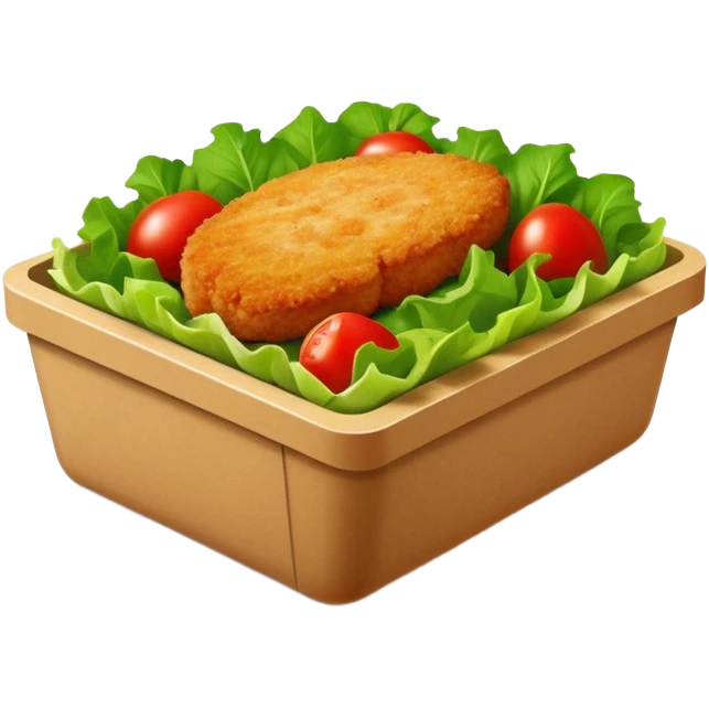 salad in a rectangular brown box container. with a chicken cutlet on top emoji