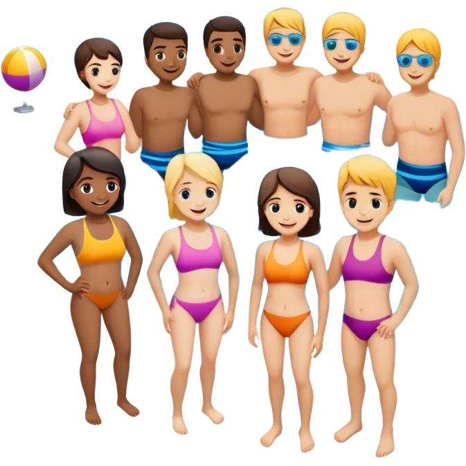 Group of happy community members next to a swimming pool emoji