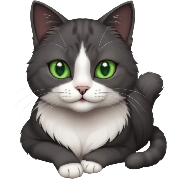 beautiful female solid dark grey cat with green eyes, white toes/paws and white patch on her chest playing emoji