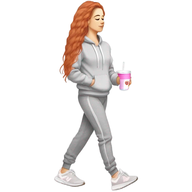 beautiful fair skin red orange long hair white girl light grey sweatpants light grey hoodie Ugg shoes beautiful girly full body walking headphones side profile with a pink straw drink cozy emoji